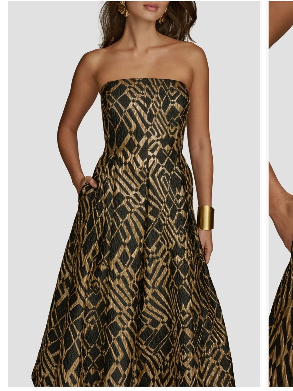 Donna Karan Strapless Jacquard Black and Gold Patterned Fit-and-Flare Dress - Picture 5 of 6